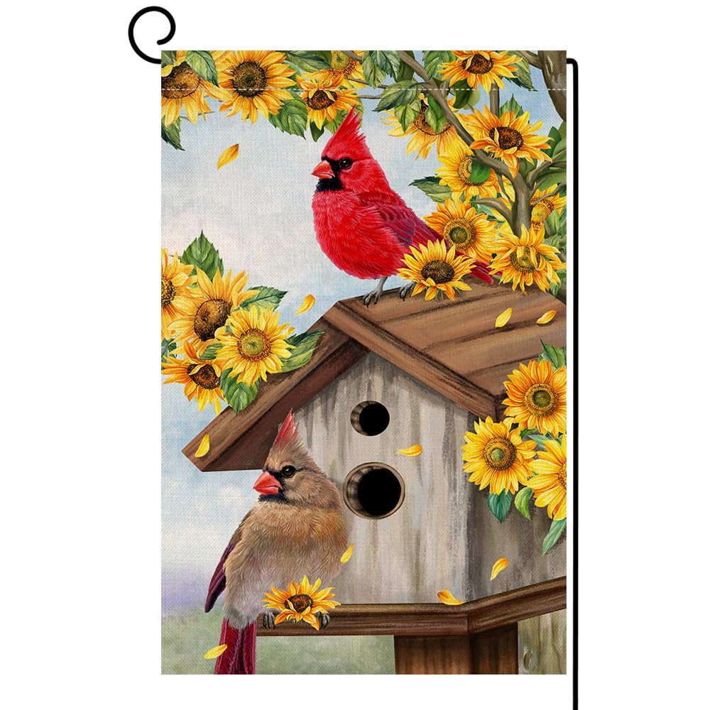 Summer Sunflowers Cardinal Bird Garden Flag 12x18 Vertical Double Sided Yellow Flowers Spring Farmhouse Holiday Outside Decorations Burlap Yard Flag