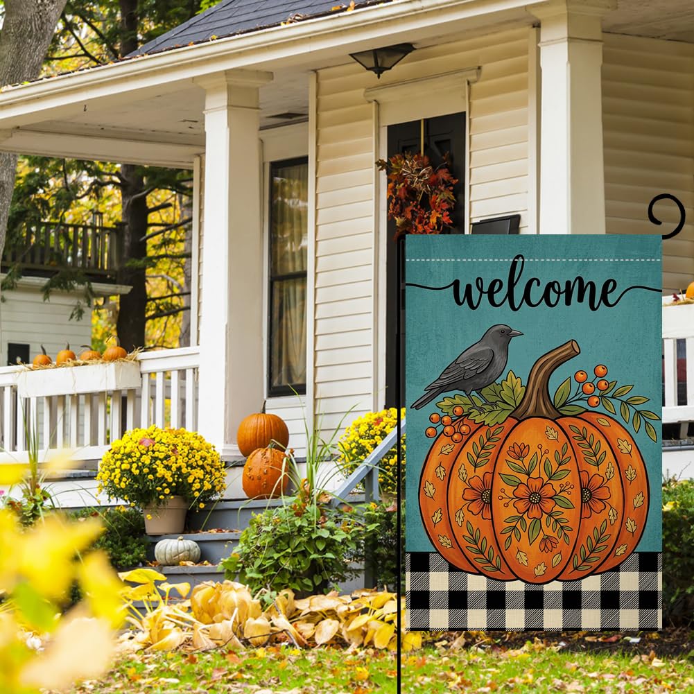 Fall Welcome Floral Pumpkin Garden Flag 12x18 Black Crow Berries Yard Decor