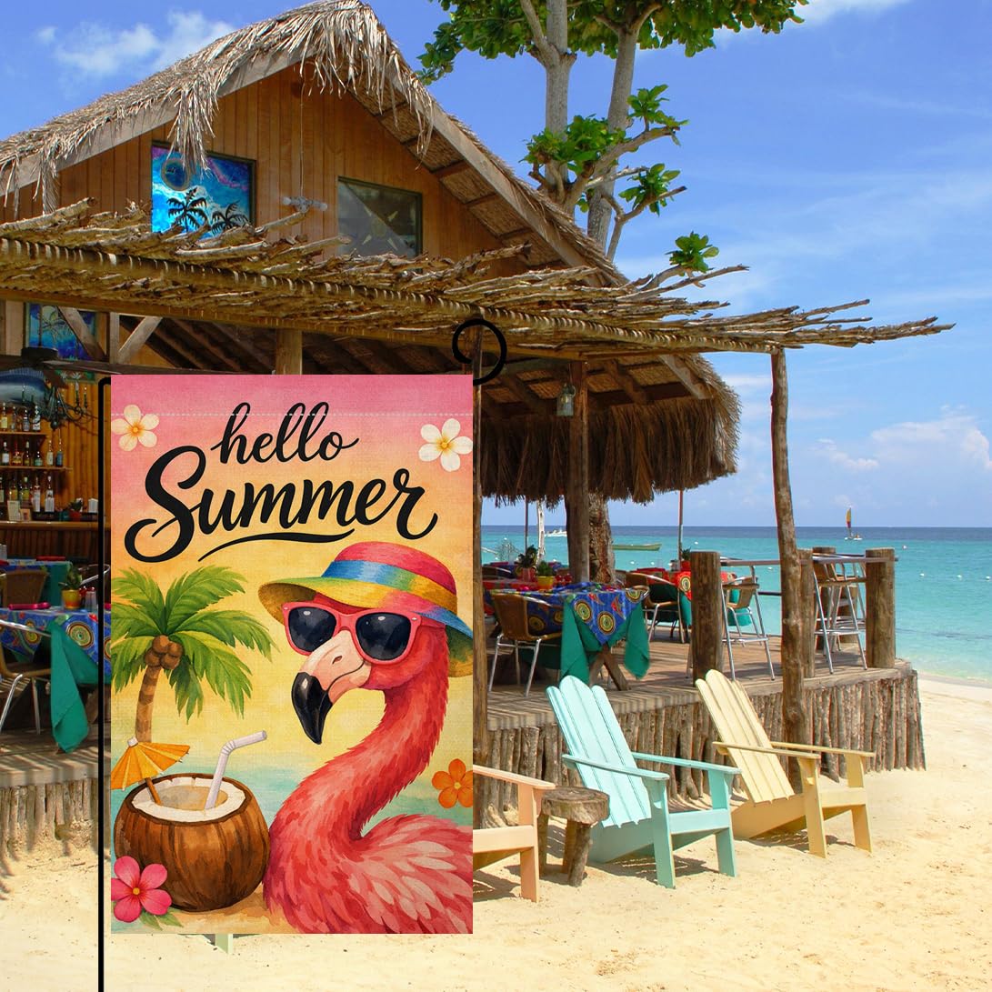 Hello Summer Flamingo Garden Flag 12x18 Vertical Double Sided Welcome Beach Seasonal Holiday Outside Decorations Burlap Yard Flag