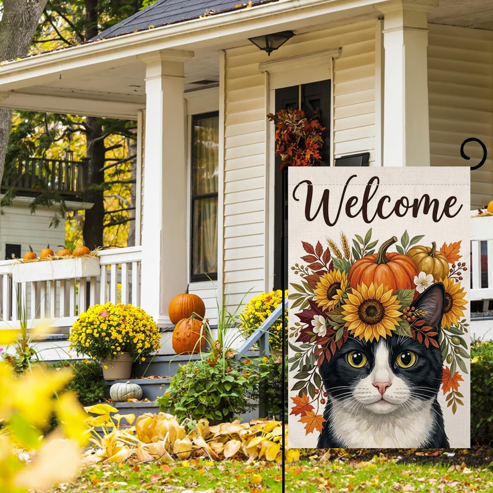 Fall Welcome Tuxedo Cat Garden Flag 12x18 Pumpkin Floral Crown Yard Decor
