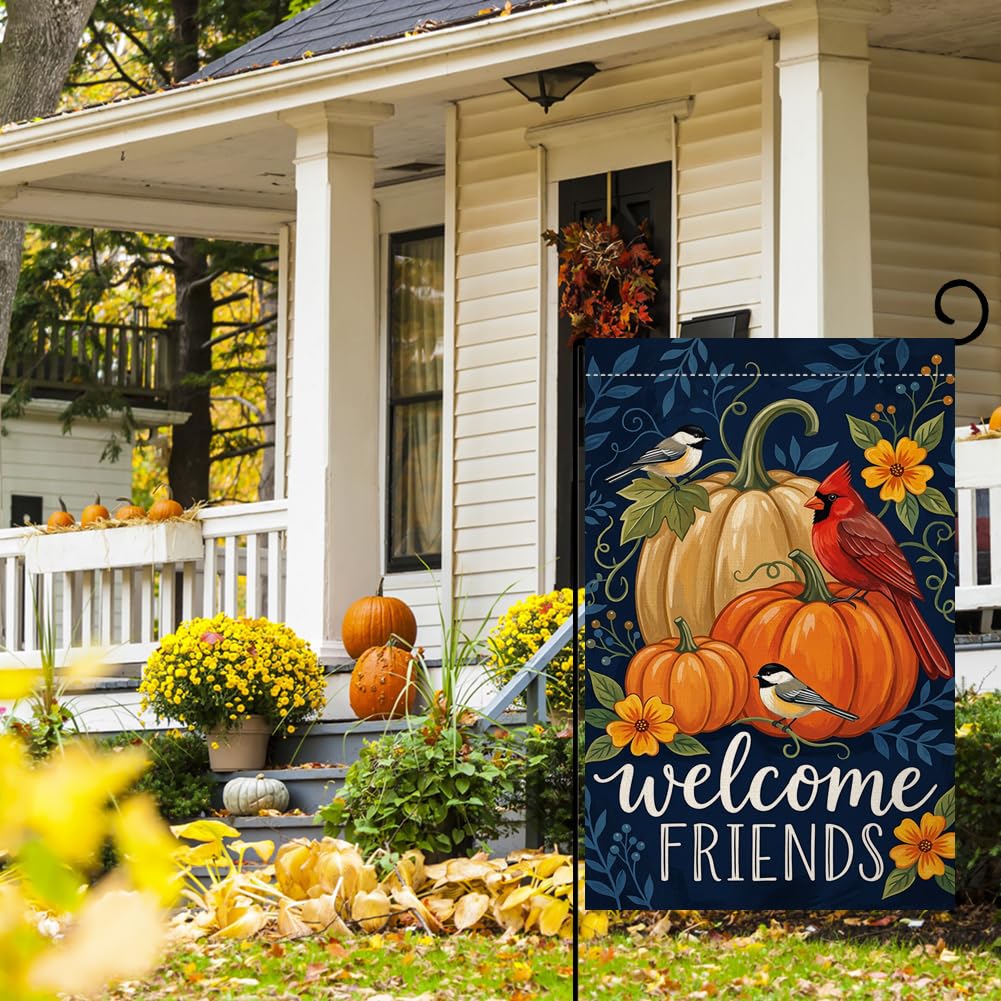 Fall Welcome Friends Pumpkins Garden Flag 12x18 Cardinal Birds Yard Decor