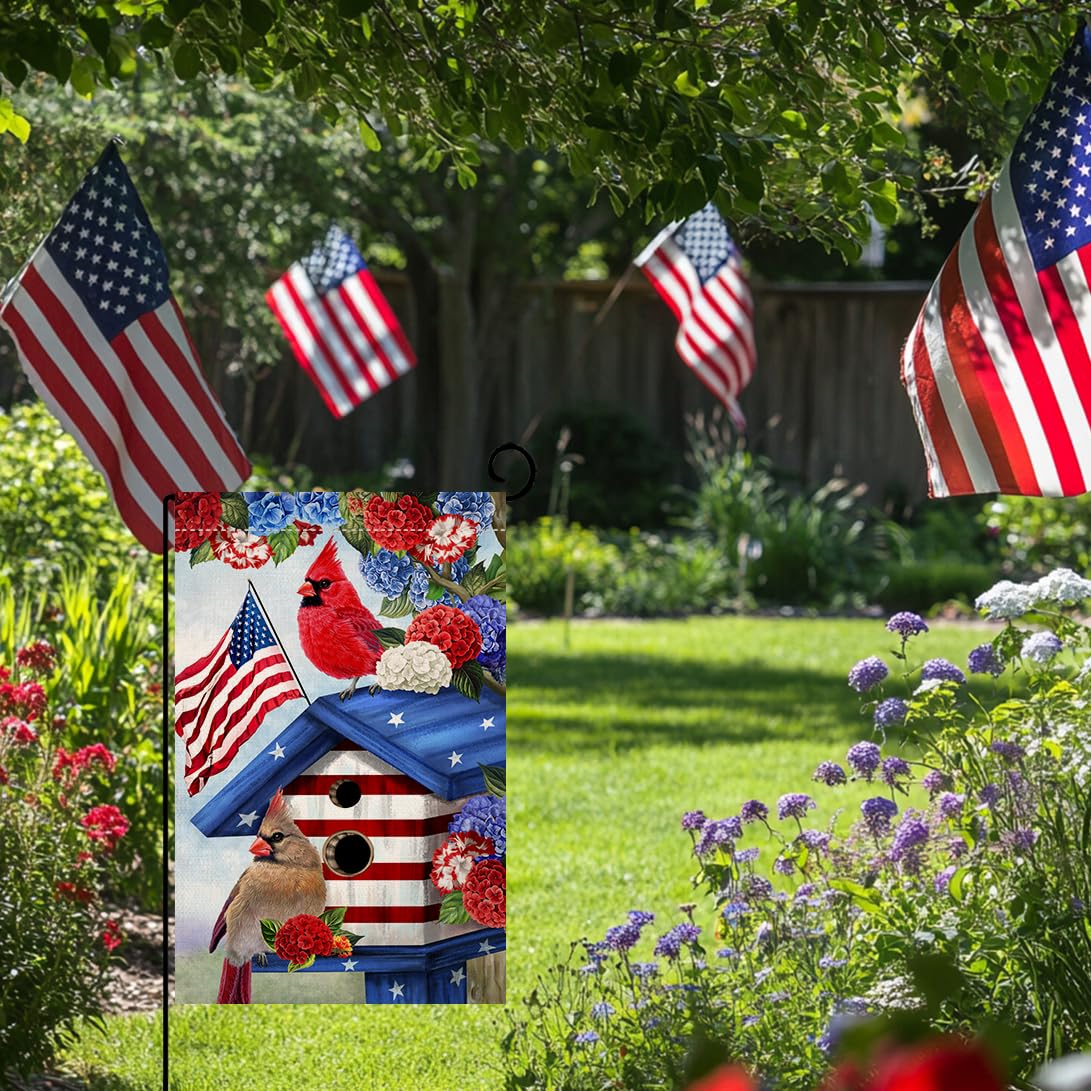 4th of July Cardinal Bird Garden Flag 12x18 Vertical Double Sided Red Blue Floral Memorial Day Independence Day Holiday Outside Decorations Burlap Yard Flag