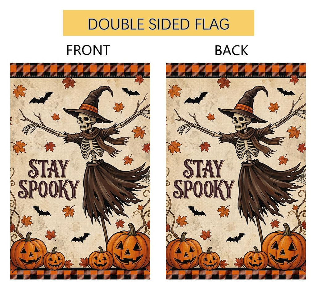 Fall Halloween Stay Spooky Skeleton Garden Flag 12x18 Witch Hat Yard Decor