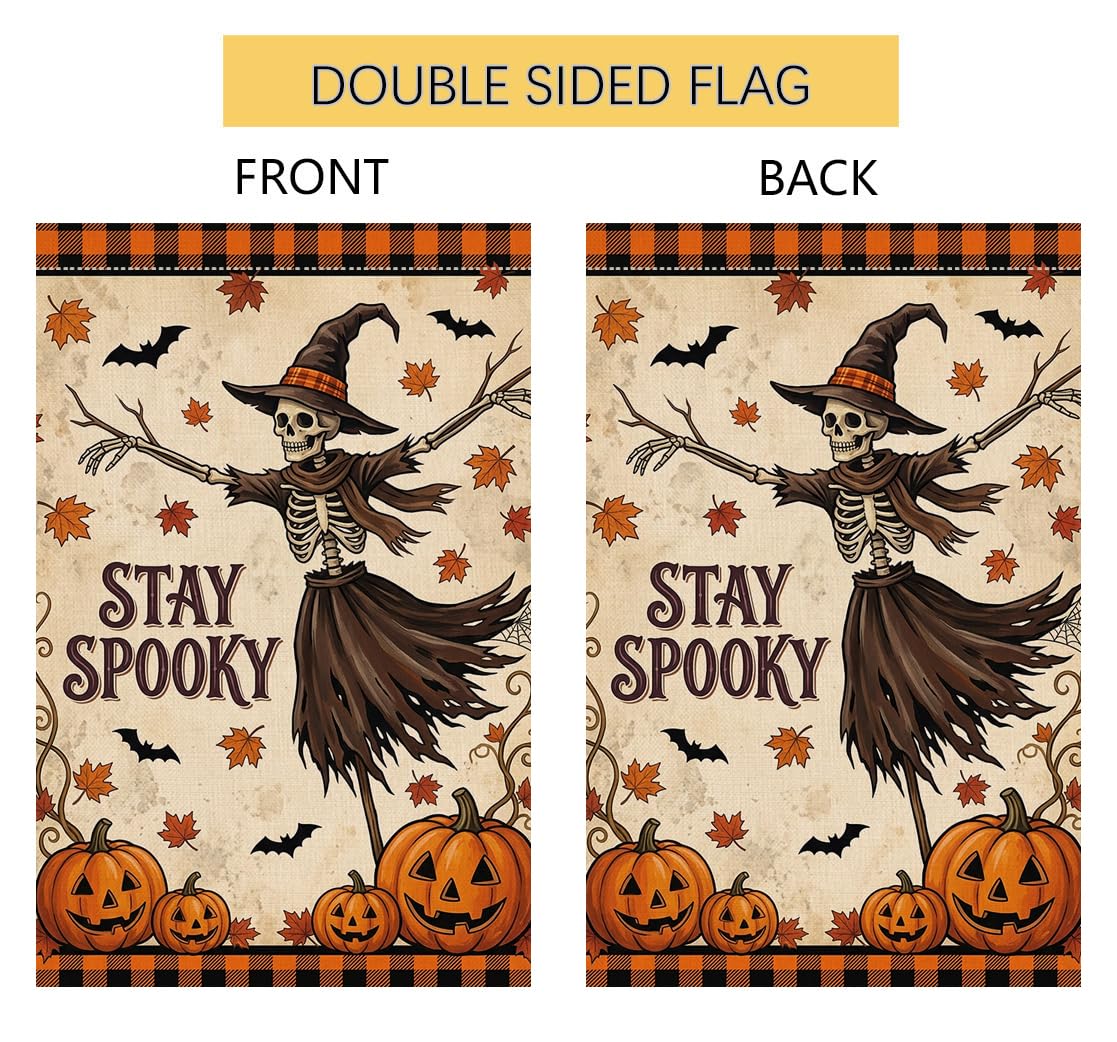 Fall Halloween Stay Spooky Skeleton Garden Flag 12x18 Witch Hat Yard Decor