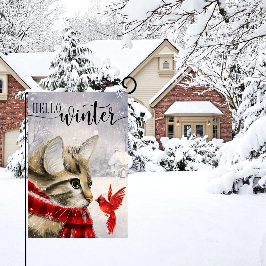 Winter Cat Garden Flag 12x18 Vertical Double Sided Cardinal Bird Snow Christmas Holiday Outside Decorations Burlap Yard Flag