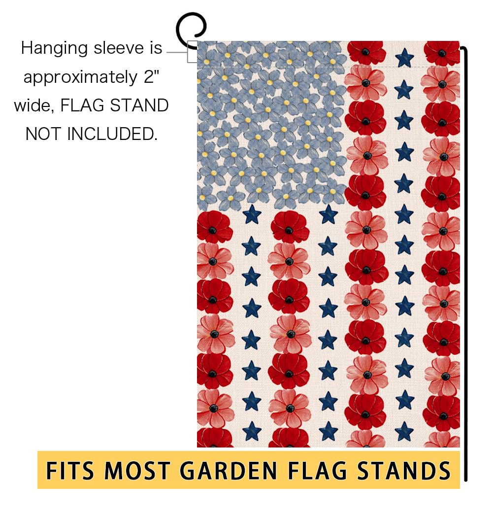 Memorial Day Garden Flag 12x18 Vertical Double Sided Myosotis Poppy 4th of July Banner Patriotic Independence Day Outside Decorations Burlap Yard Flag