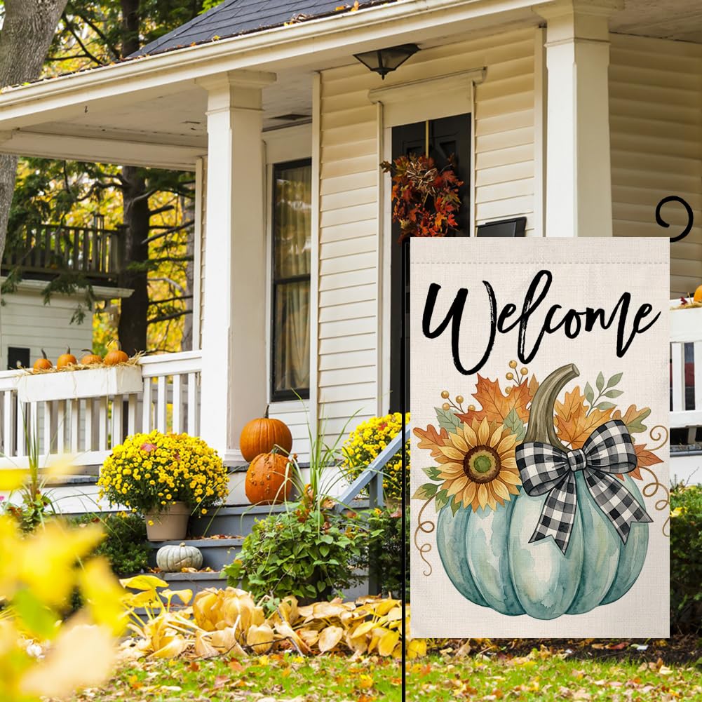 Fall Welcome Teal Pumpkin Garden Flag 12x18 Sunflower Plaid Bow Yard Decor