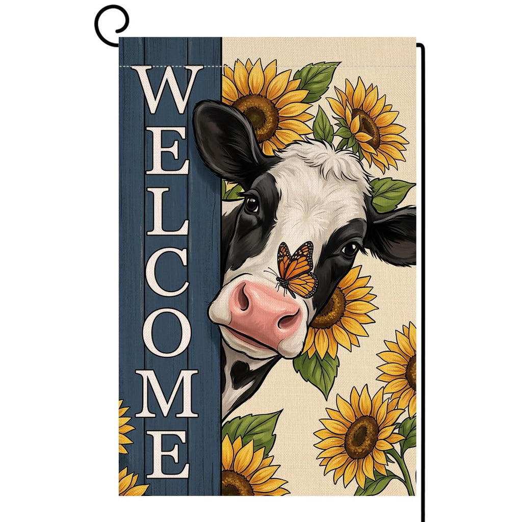 Summer Sunflower Cow Garden Flag 12x18 Vertical Double Sided Welcome Spring Farmhouse Holiday Outside Decorations Burlap Yard Flag