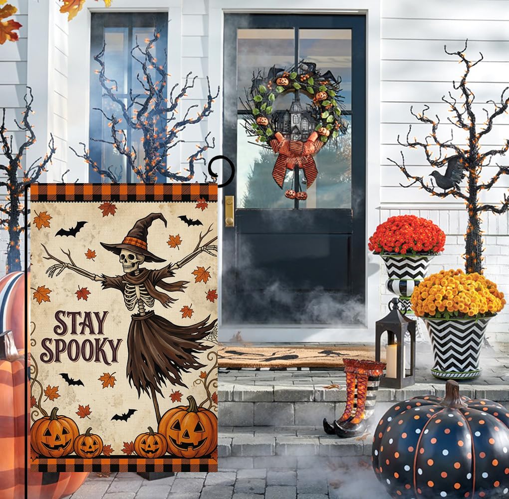 Fall Halloween Stay Spooky Skeleton Garden Flag 12x18 Witch Hat Yard Decor