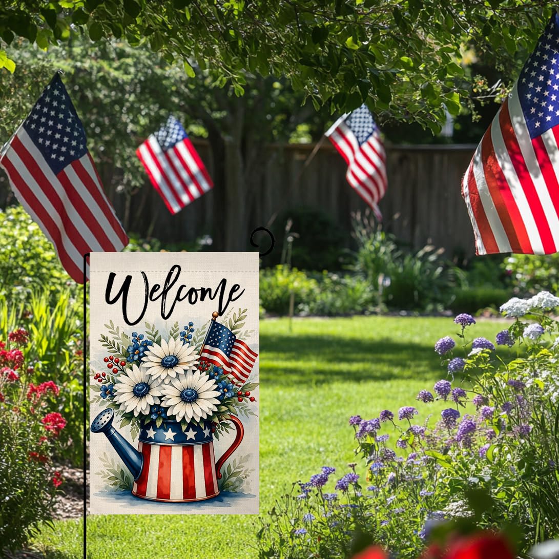 4th of July Floral Garden Flag 12x18 Vertical Double Sided Daisy Flowers Welcome Memorial Day Independence Day Holiday Outside Decorations Burlap Yard Flag