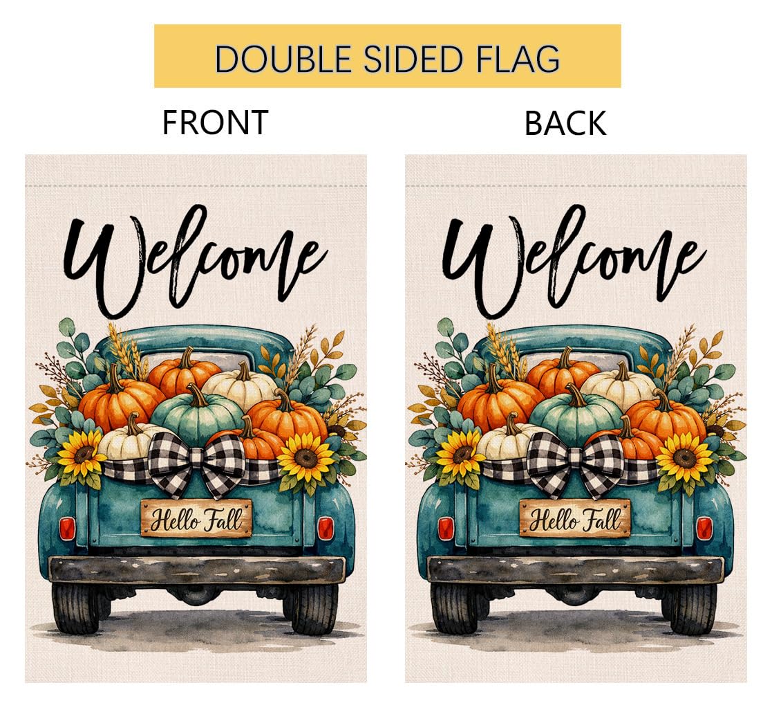 Fall Welcome Blue Truck Garden Flag 12x18 Pumpkins Hello Fall Yard Decor
