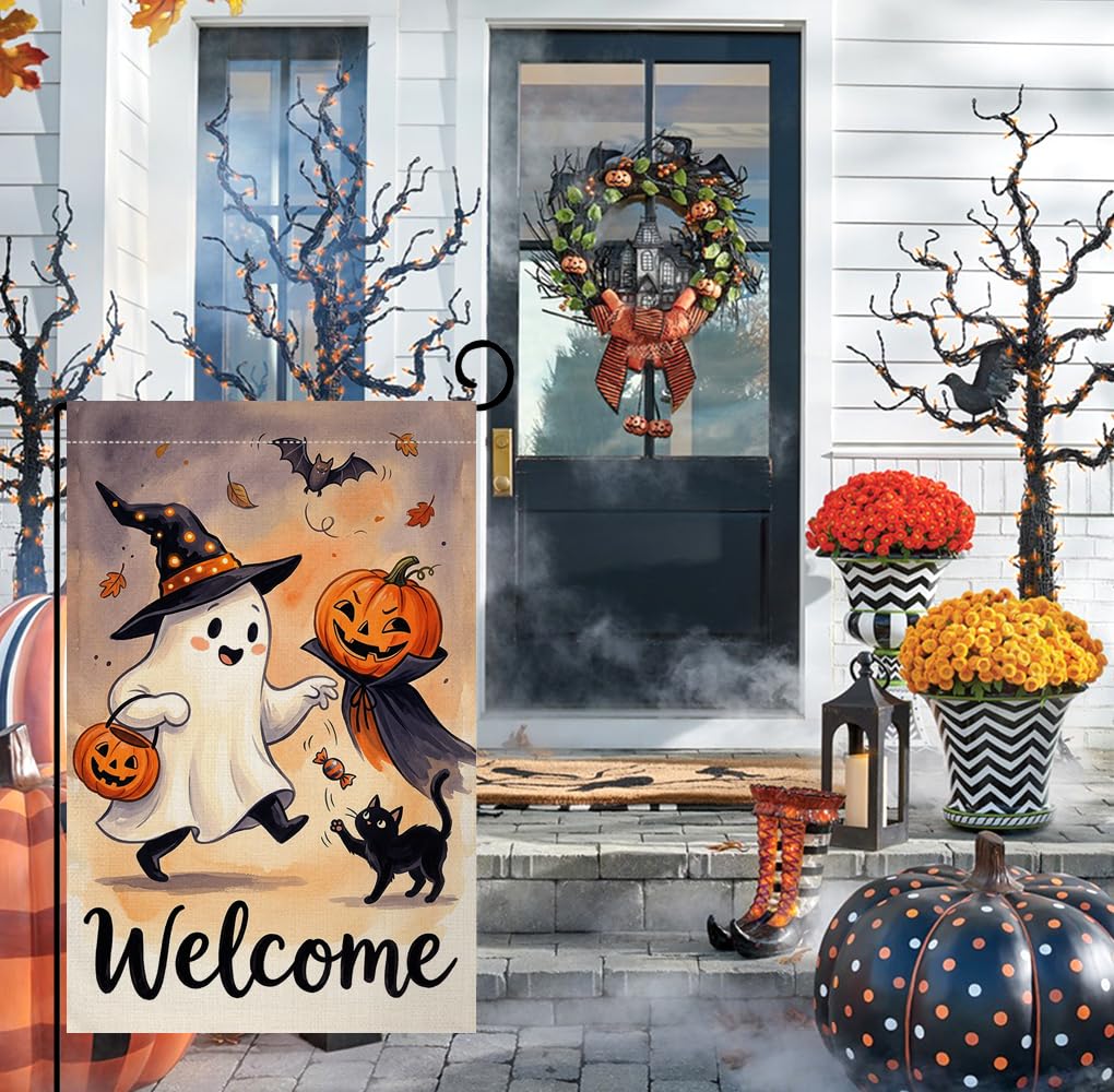 Fall Halloween Welcome Ghost Garden Flag 12x18 Witch Hat Pumpkin Yard Decor