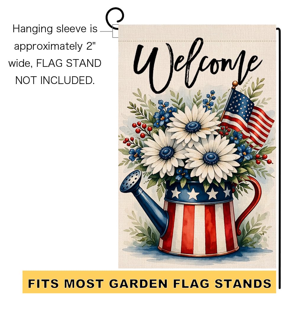 4th of July Floral Garden Flag 12x18 Vertical Double Sided Daisy Flowers Welcome Memorial Day Independence Day Holiday Outside Decorations Burlap Yard Flag