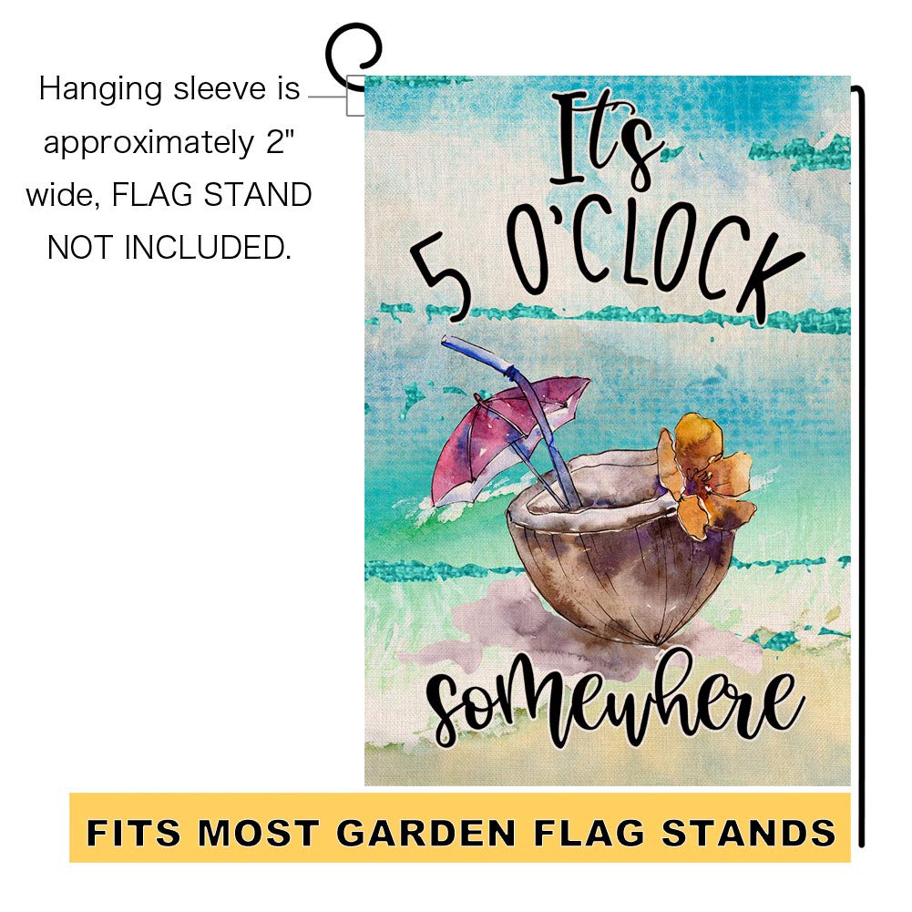 Summer Beach Garden Flag It's 5 O'Clock Somewhere Vertical Double Sided Tropical Fruit Coconut Burlap Yard Outdoor Decor 12.5 x 18 Inches A2152