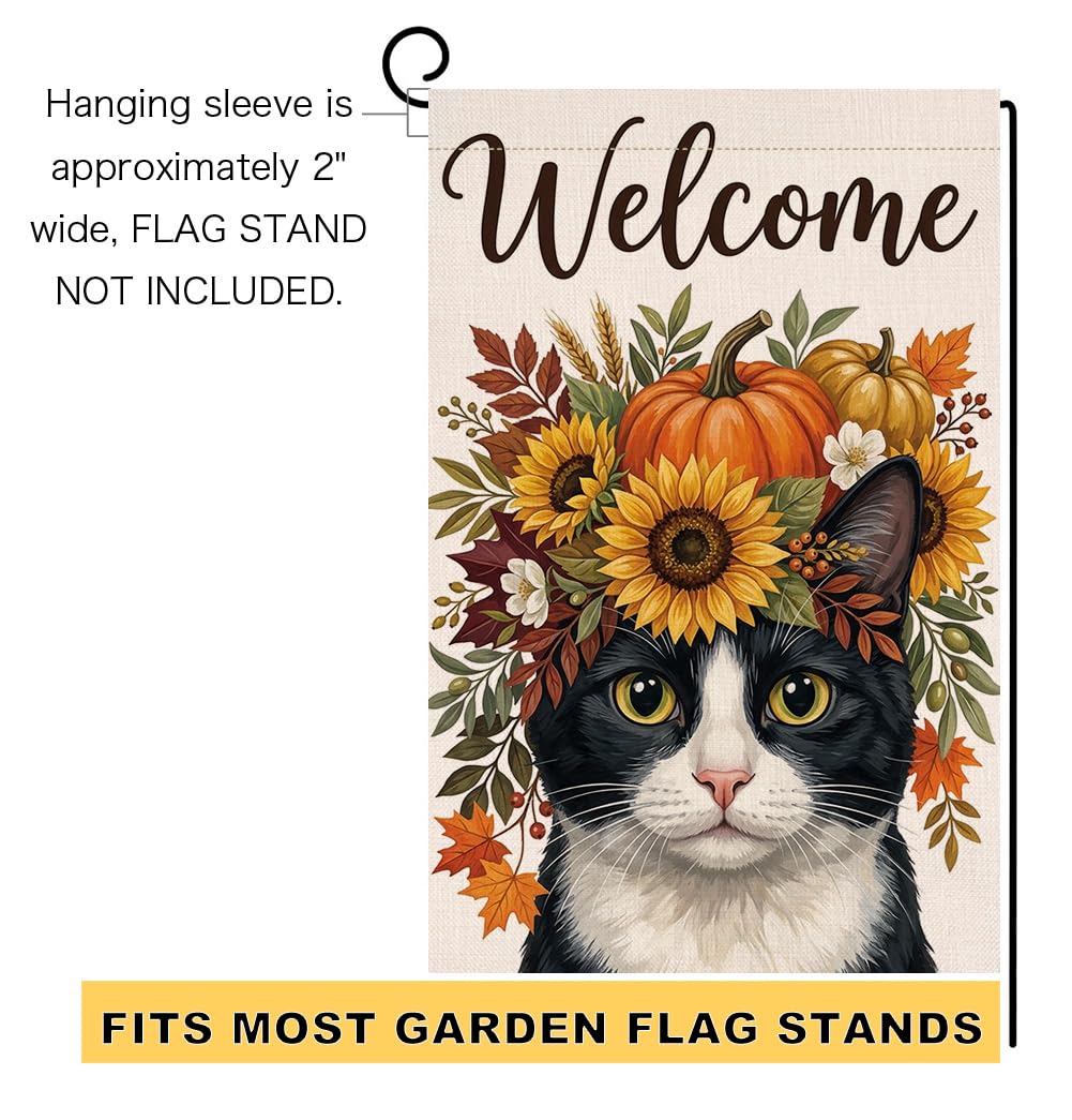 Fall Welcome Tuxedo Cat Garden Flag 12x18 Pumpkin Floral Crown Yard Decor