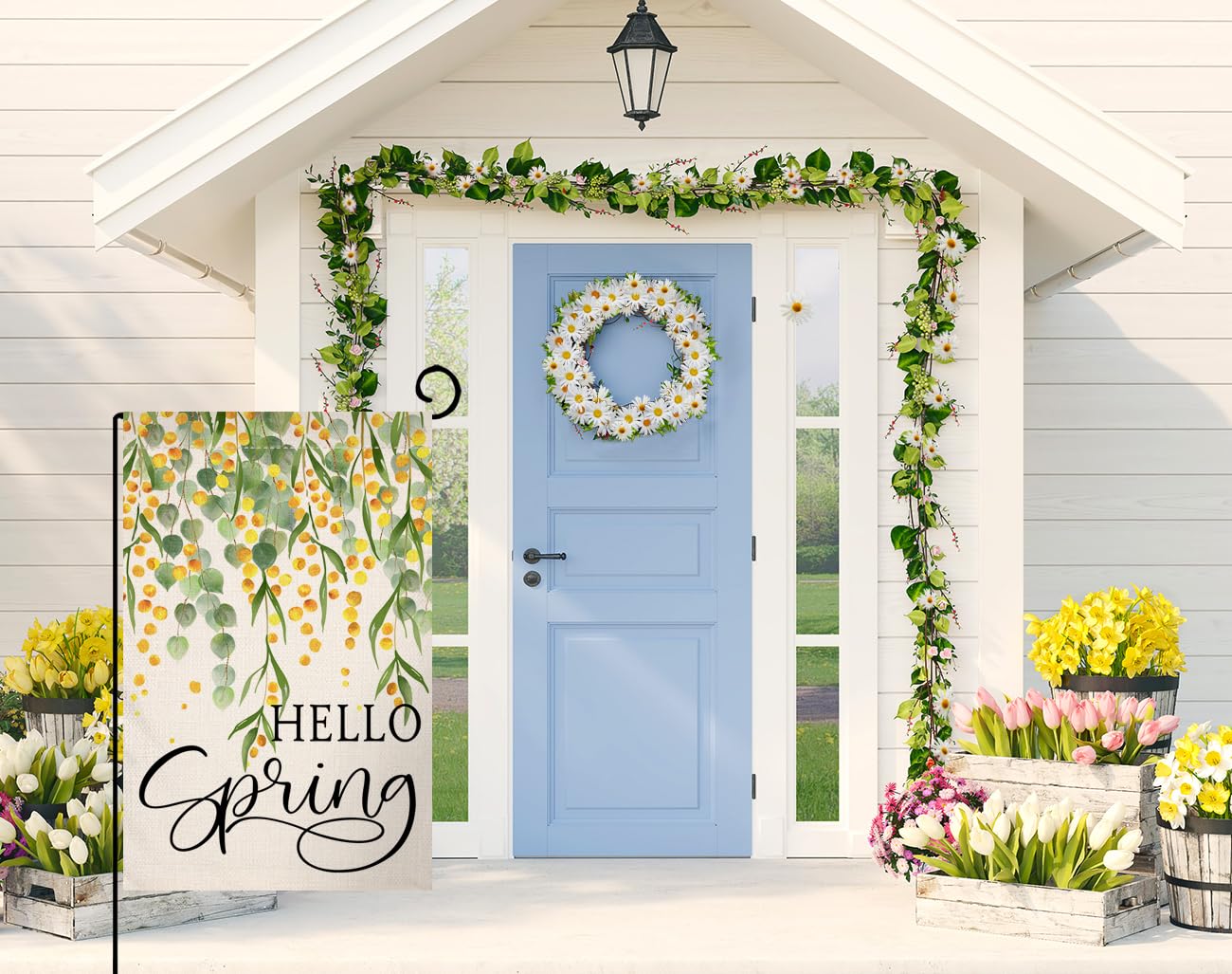 Spring Eucalyptus Garden Flag 12x18 Vertical Double Sided Green Mimosa Hello Spring Farmhouse Holiday Outside Decorations Burlap Yard Flag