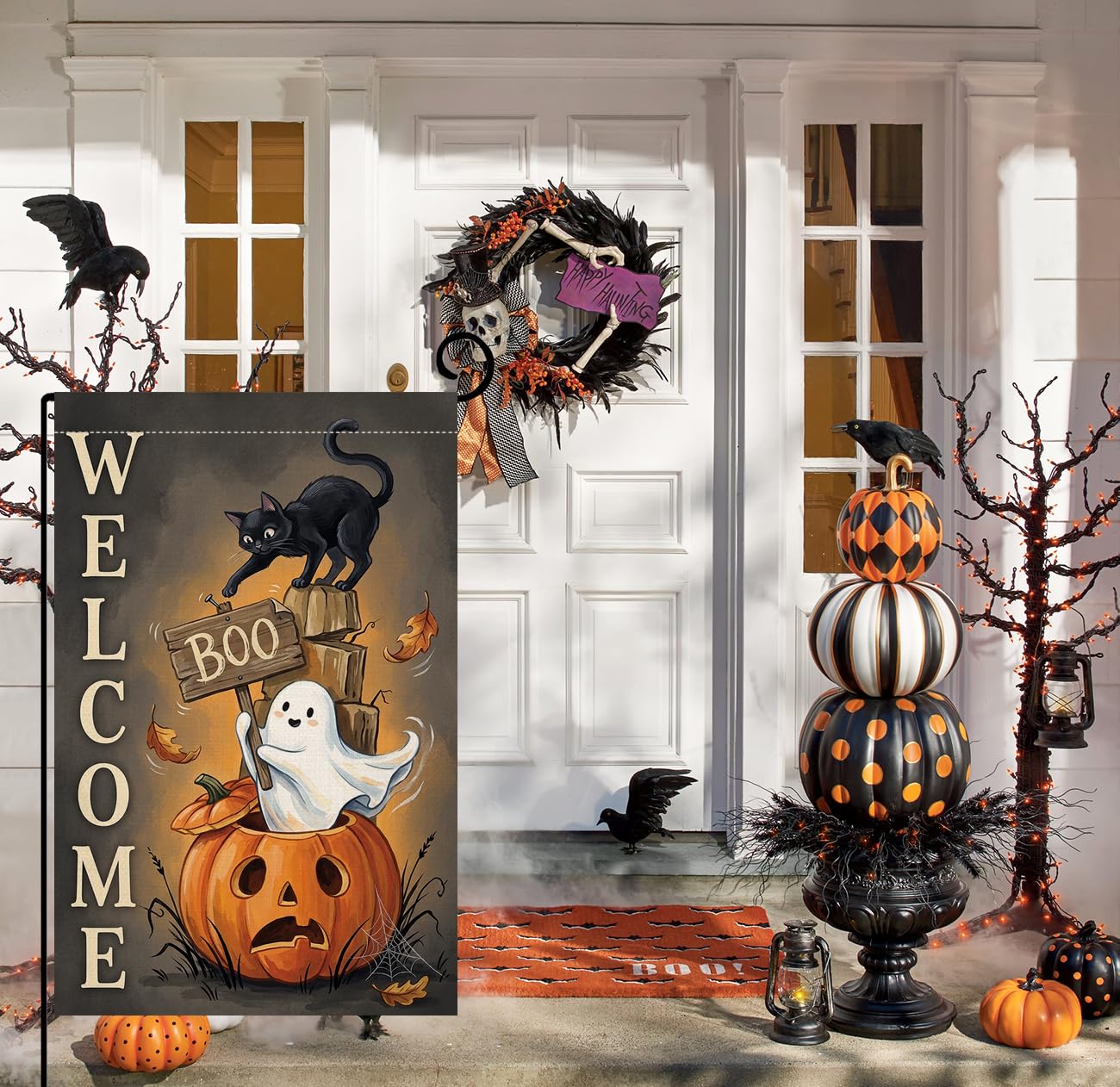 Halloween Welcome Boo Black Cat Garden Flag 12x18 Jack-o-Lantern Yard Decor