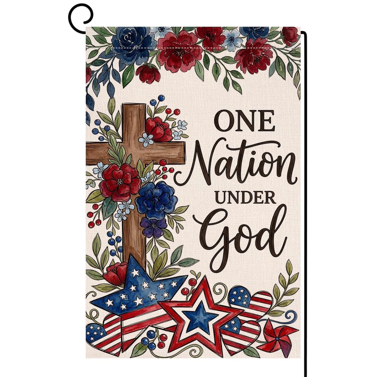 4th of July Floral Garden Flag 12x18 Vertical Double Sided One Nation Under God Red Blue Flowers Memorial Day Independence Day Holiday Outside Decorations Burlap Yard Flag