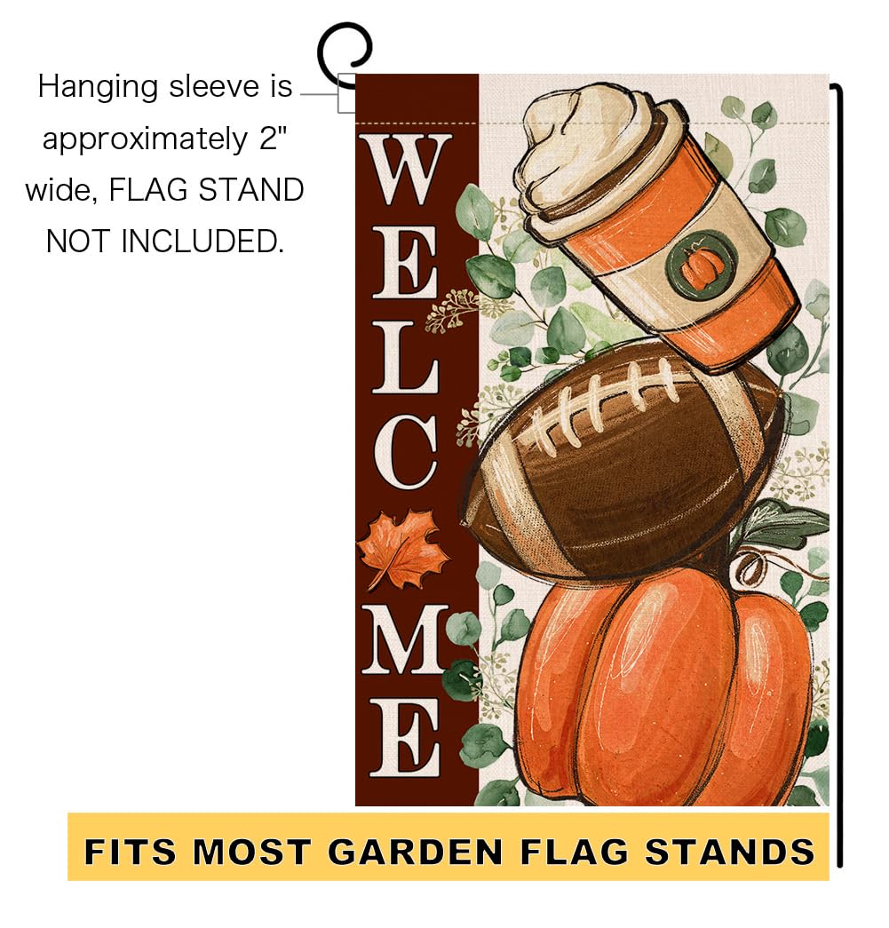 Fall Football Pumpkin Garden Flag 12x18 Vertical Double Sided Maple Leaves Welcome Autumn Thanksgiving Holiday Outside Decorations Burlap Yard Flag