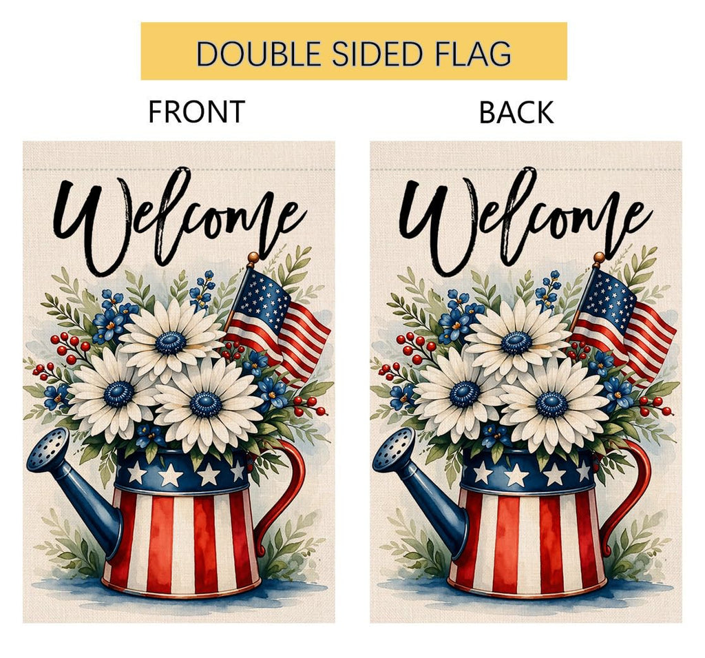 4th of July Floral Garden Flag 12x18 Vertical Double Sided Daisy Flowers Welcome Memorial Day Independence Day Holiday Outside Decorations Burlap Yard Flag