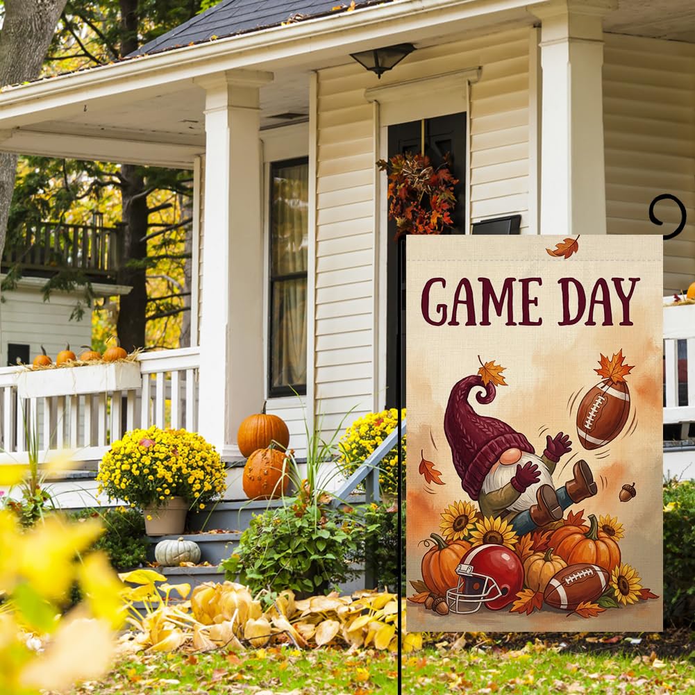 Fall Game Day Football Gnome Garden Flag 12x18 Pumpkin Sunflower Yard Decor