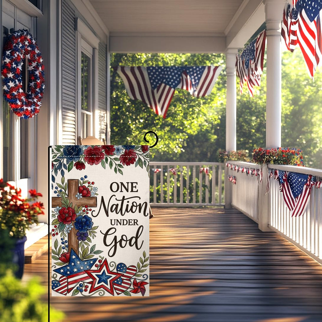 4th of July Floral Garden Flag 12x18 Vertical Double Sided One Nation Under God Red Blue Flowers Memorial Day Independence Day Holiday Outside Decorations Burlap Yard Flag