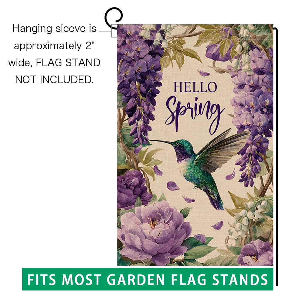 Hello Spring Bird Garden Flag 12x18 Vertical Double Sided Purple Flowers Farmhouse Holiday Outside Decorations Burlap Yard Flag