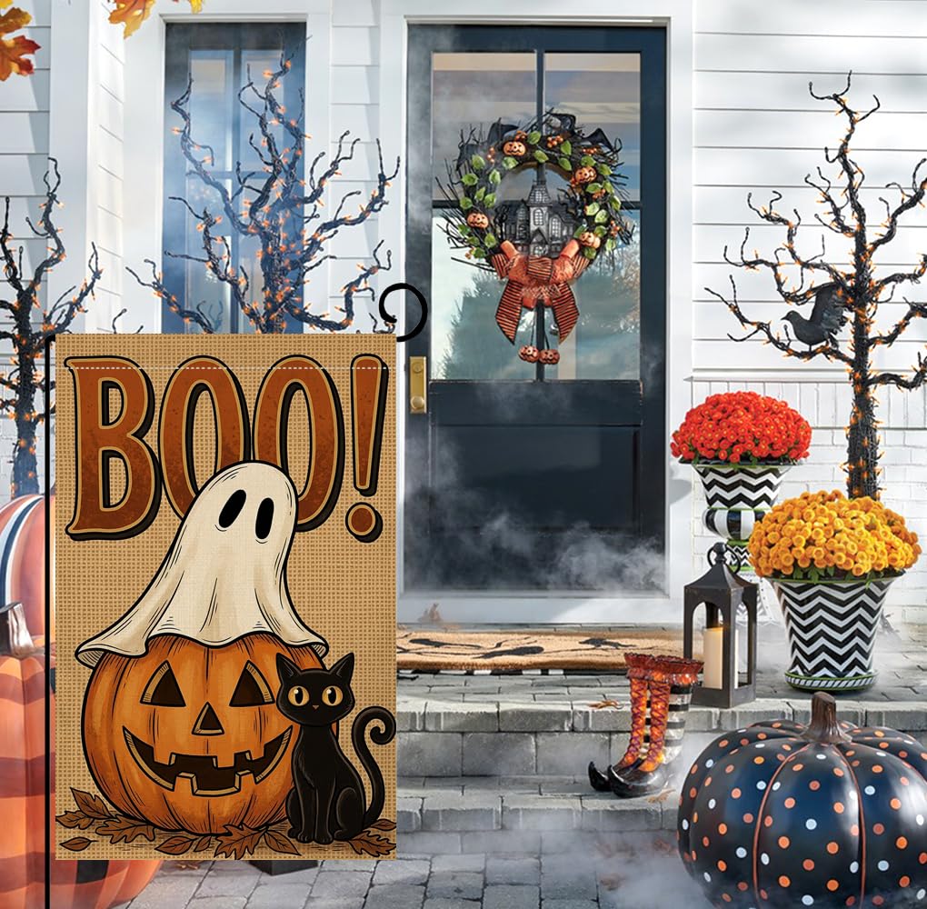 Fall Halloween Boo Ghost Garden Flag 12x18 Jack-o-Lantern Cat Yard Decor