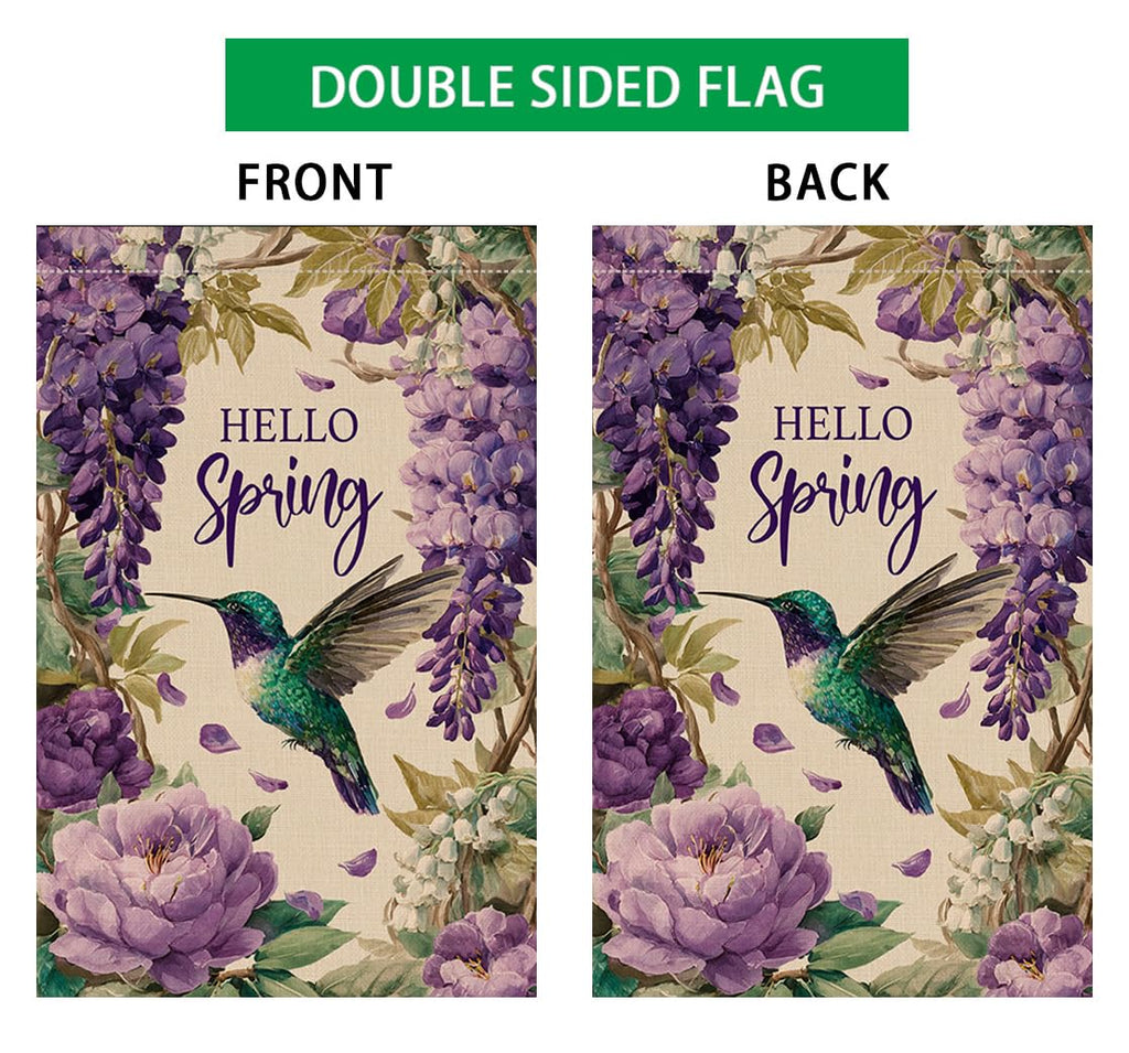 Hello Spring Bird Garden Flag 12x18 Vertical Double Sided Purple Flowers Farmhouse Holiday Outside Decorations Burlap Yard Flag