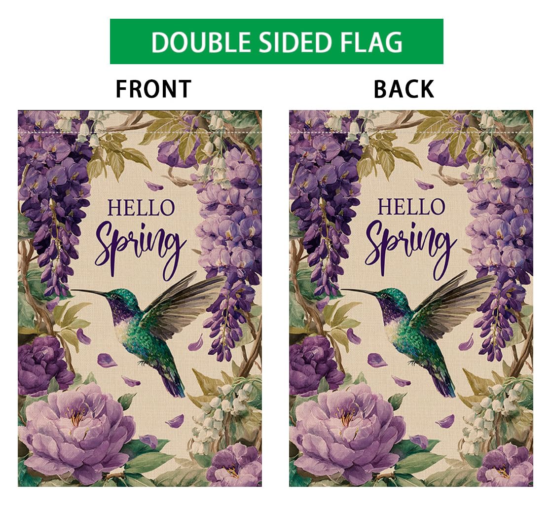 Hello Spring Bird Garden Flag 12x18 Vertical Double Sided Purple Flowers Farmhouse Holiday Outside Decorations Burlap Yard Flag