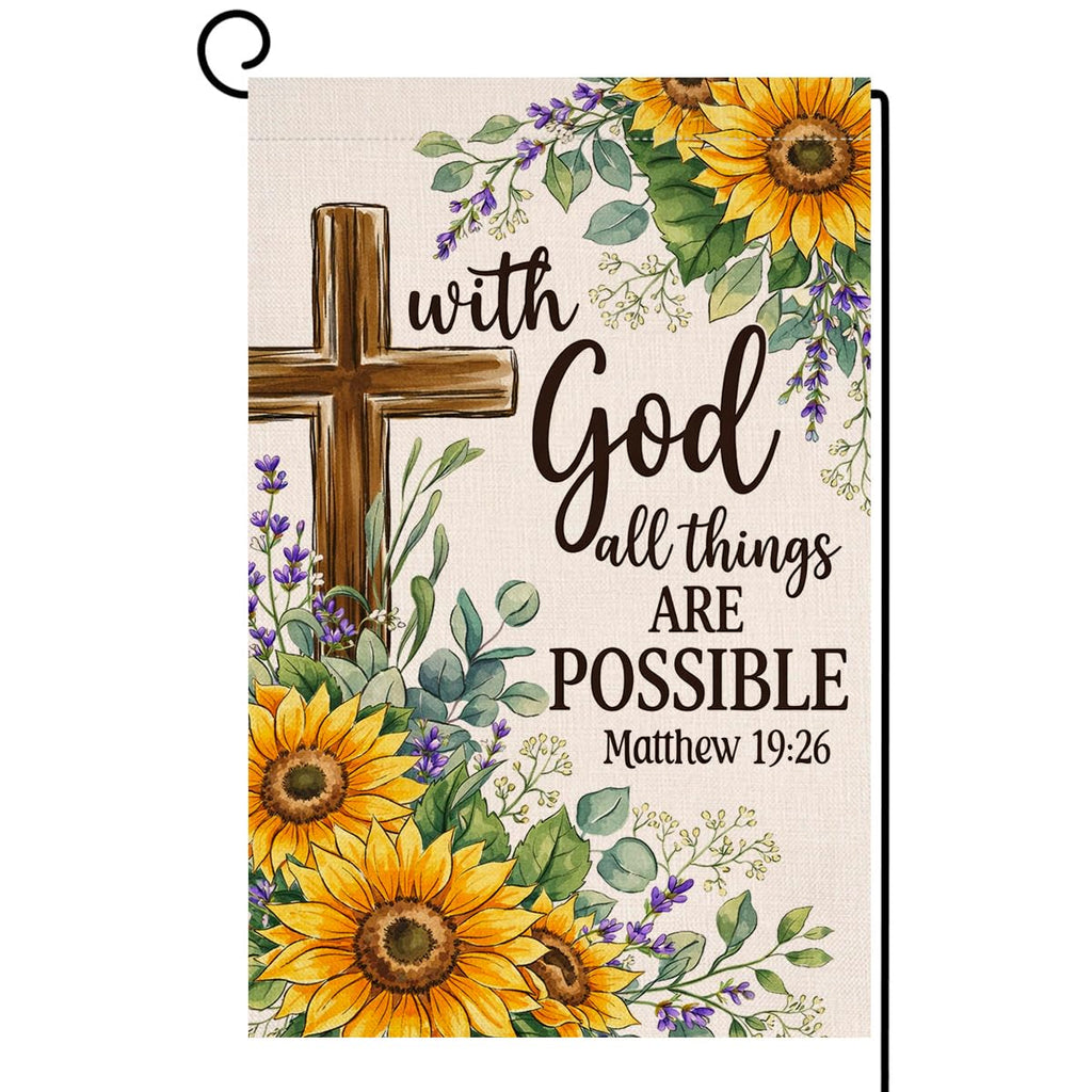 Summer Sunflower Garden Flag 12x18 Vertical Double Sided With God All Things Are Possible Floral Spring Farmhouse Holiday Outside Decorations Burlap Yard Flag
