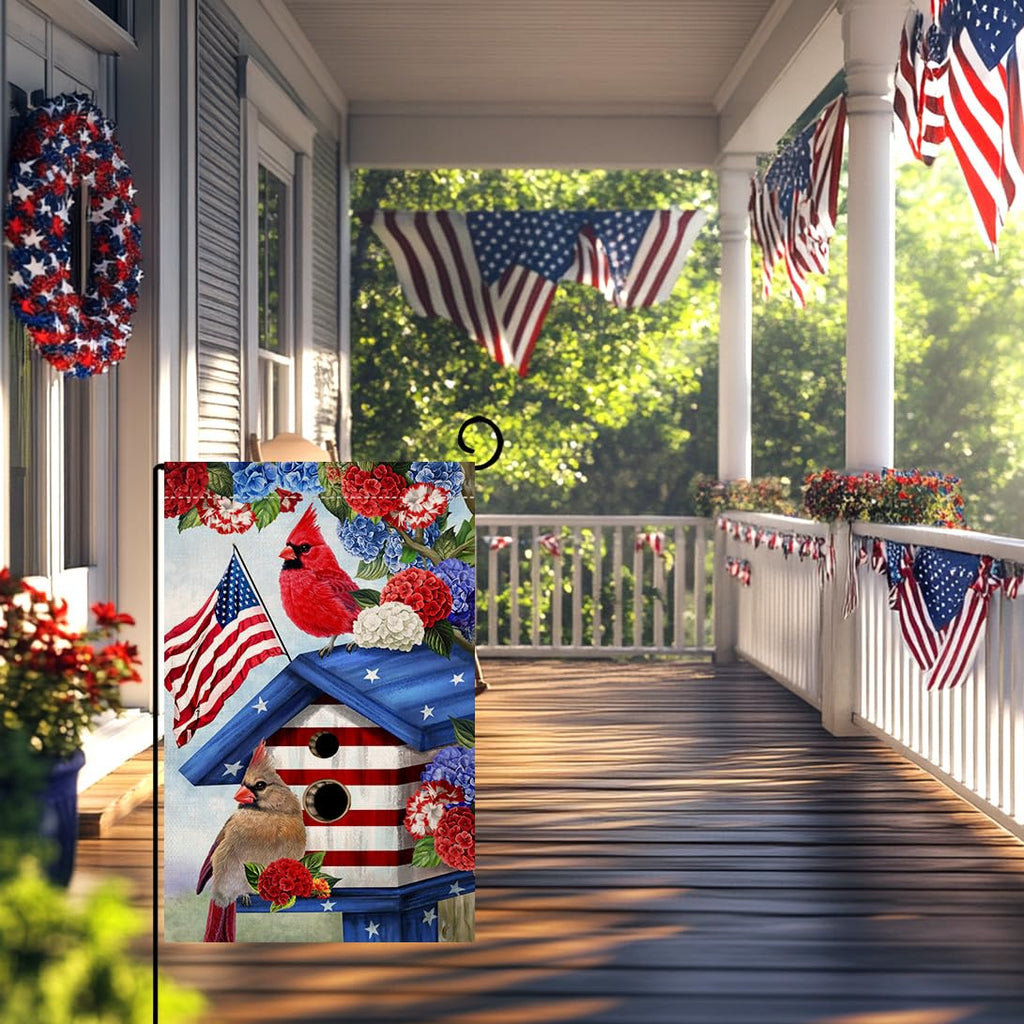4th of July Cardinal Bird Garden Flag 12x18 Vertical Double Sided Red Blue Floral Memorial Day Independence Day Holiday Outside Decorations Burlap Yard Flag