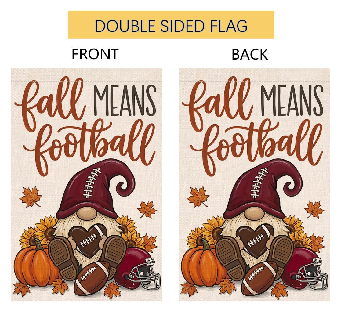 Fall Means Football Gnome Garden Flag 12x18 Pumpkin Helmet Heart Yard Decor