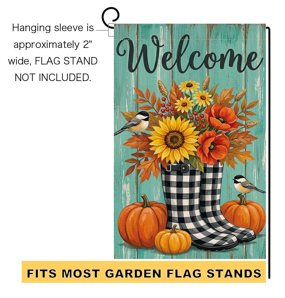 Fall Welcome Plaid Boots Garden Flag 12x18 Sunflower Pumpkin Yard Decor