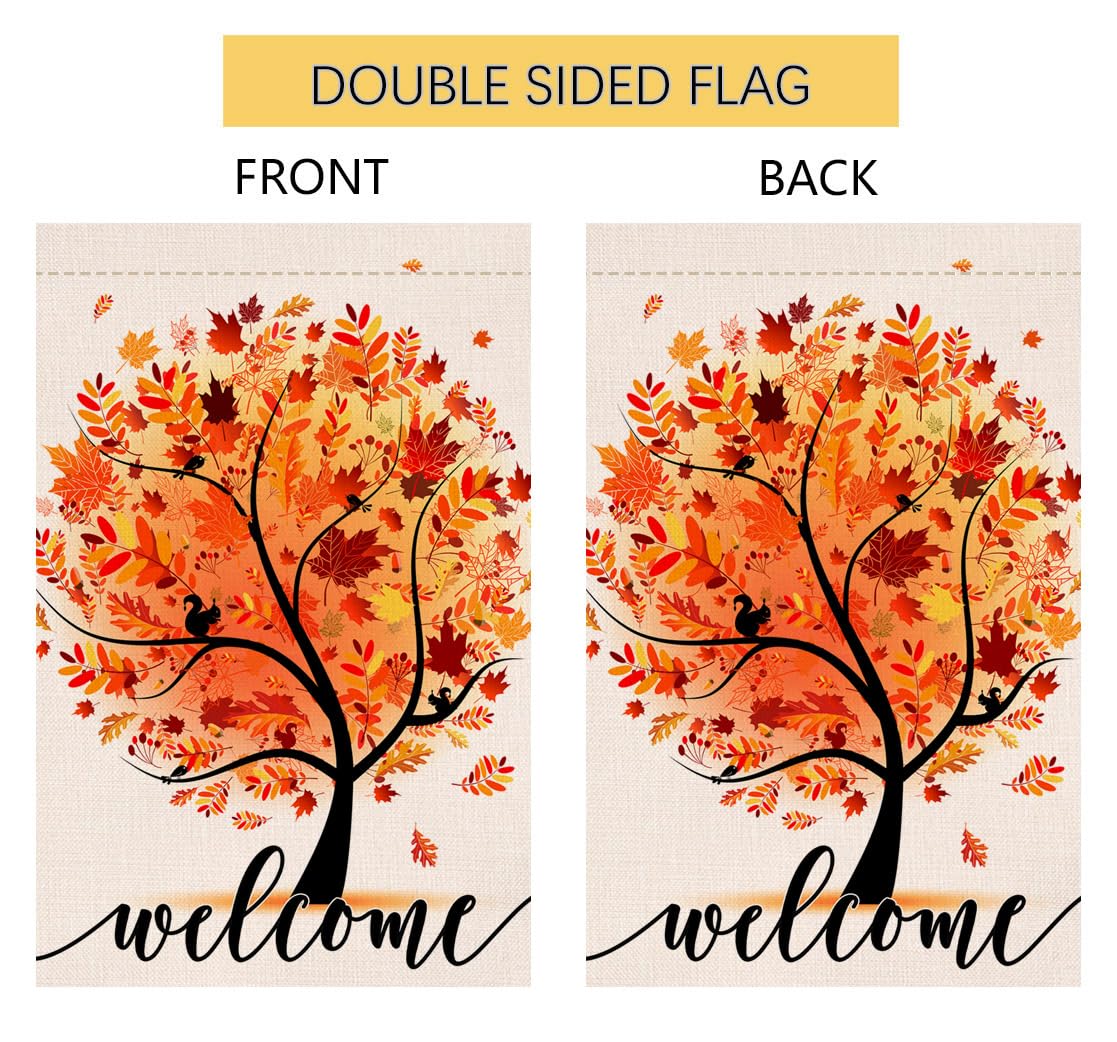 Welcome Fall Tree Garden Flag 12x18 Vertical Double Sided Autumn Maple Leaves Thanksgiving Holiday Outside Decorations Burlap Yard Flag