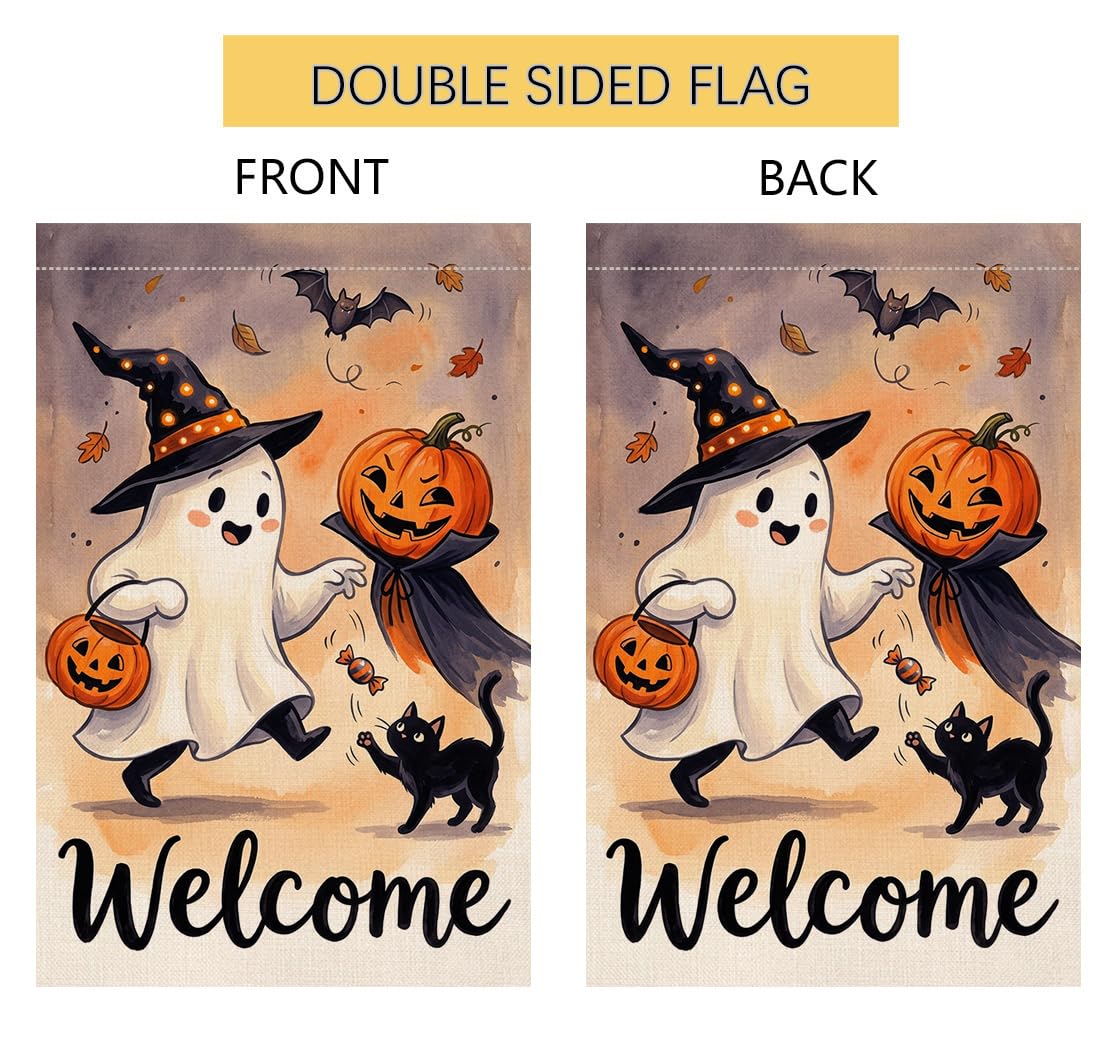 Fall Halloween Welcome Ghost Garden Flag 12x18 Witch Hat Pumpkin Yard Decor
