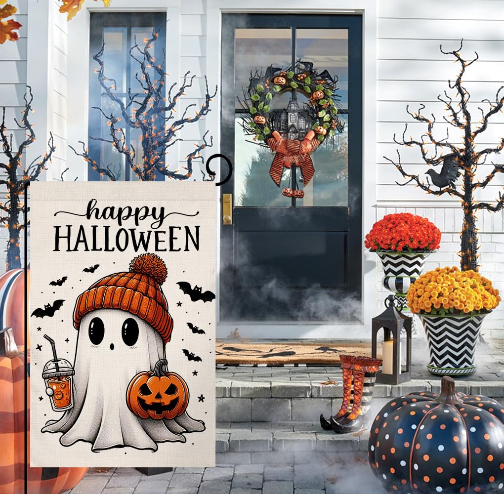 Halloween Ghost Garden Flag 12x18 Vertical Double Sided Black Bat Happy Fall Holiday Outside Decorations Burlap Yard Flag