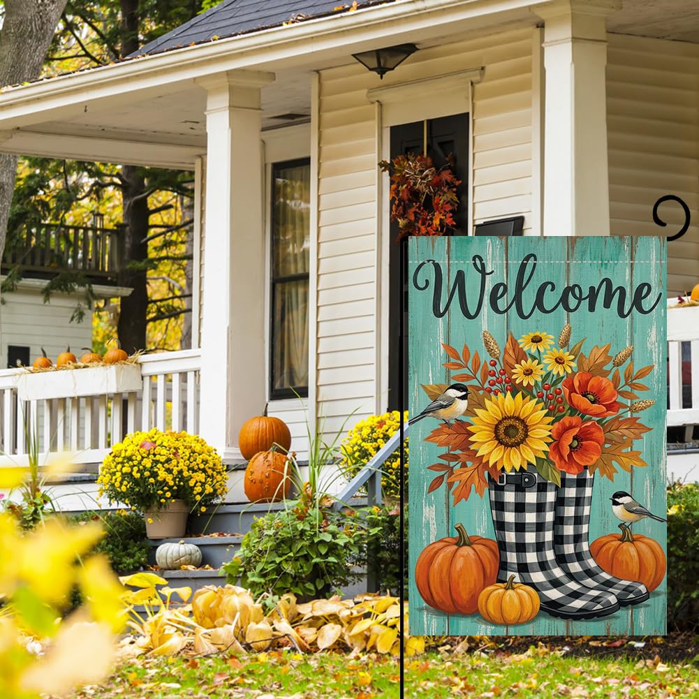 Fall Welcome Plaid Boots Garden Flag 12x18 Sunflower Pumpkin Yard Decor