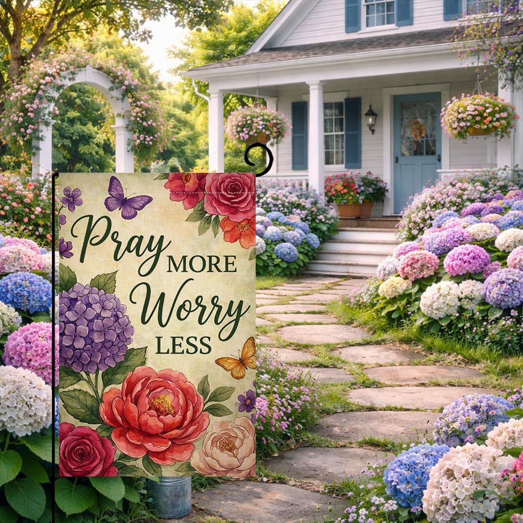 Spring Summer Floral Garden Flag 12x18 Vertical Double Sided Bloom in Faith Pray More Worry Less Farmhouse Holiday Outside Decorations Burlap Yard Flag
