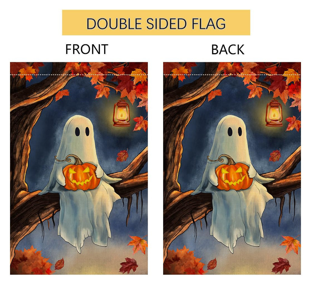 Halloween Ghost Garden Flag 12x18 Vertical Double Sided Maple Leaf Tree Welcome Fall Holiday Outside Decorations Burlap Yard Flag