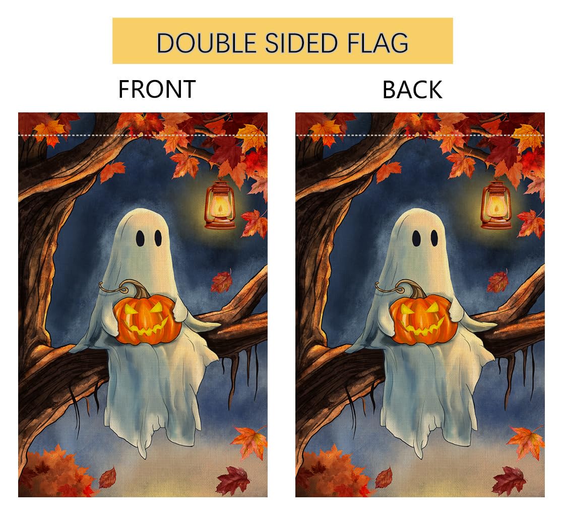 Halloween Ghost Garden Flag 12x18 Vertical Double Sided Maple Leaf Tree Welcome Fall Holiday Outside Decorations Burlap Yard Flag