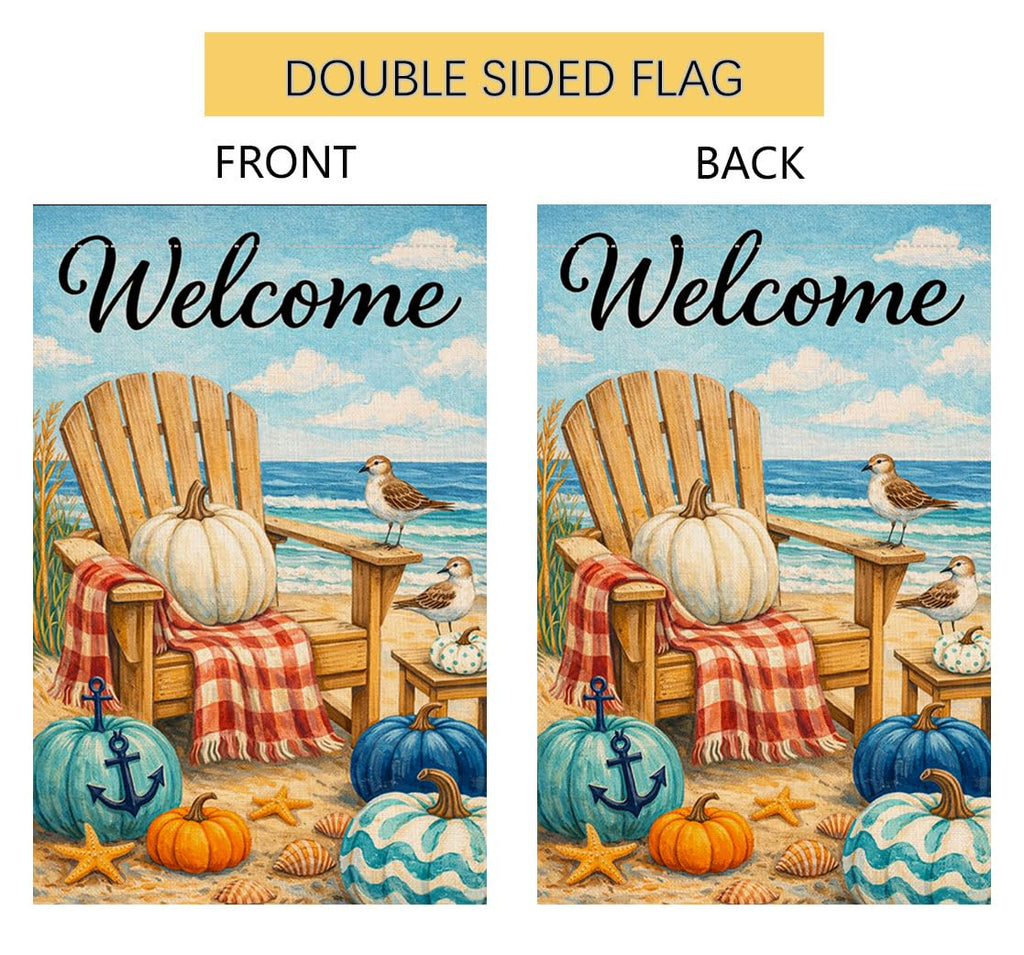 Fall Beach Welcome Pumpkin Garden Flag 12x18 Adirondack Chair Yard Decor