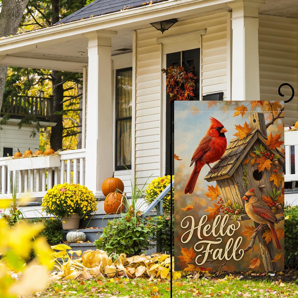 Fall Hello Fall Cardinal Birds Garden Flag 12x18 Birdhouse Maple Yard Decor