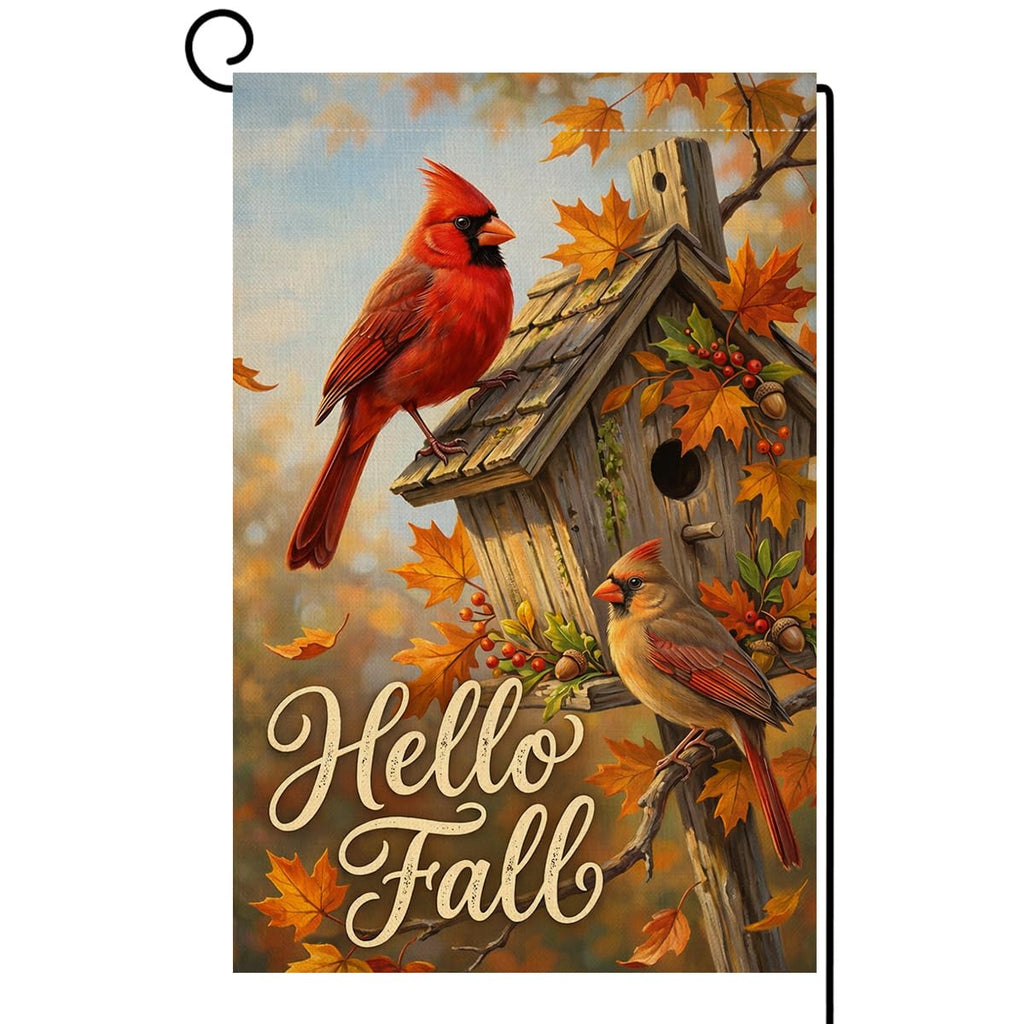 Fall Hello Fall Cardinal Birds Garden Flag 12x18 Birdhouse Maple Yard Decor