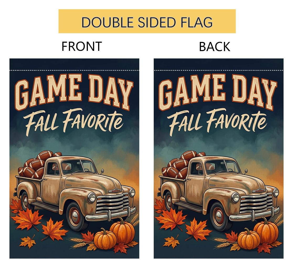 Fall Game Day Vintage Truck Garden Flag 12x18 Footballs Pumpkins Yard Decor