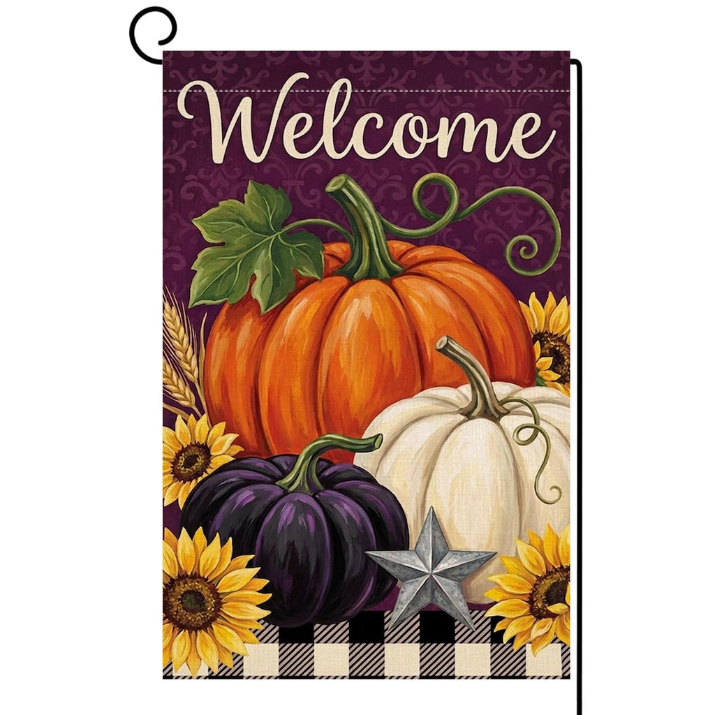 Fall Welcome Pumpkins Garden Flag 12x18 Sunflowers Buffalo Plaid Yard Decor