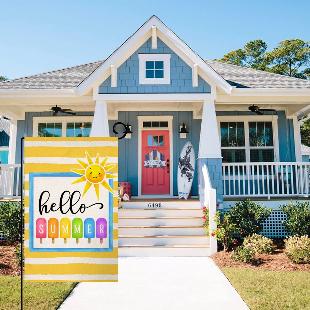 Hello Summer Beach Garden Flag 12x18 Vertical Double Sided Colorful Popsicle Holiday Outside Decorations Burlap Yard Flag