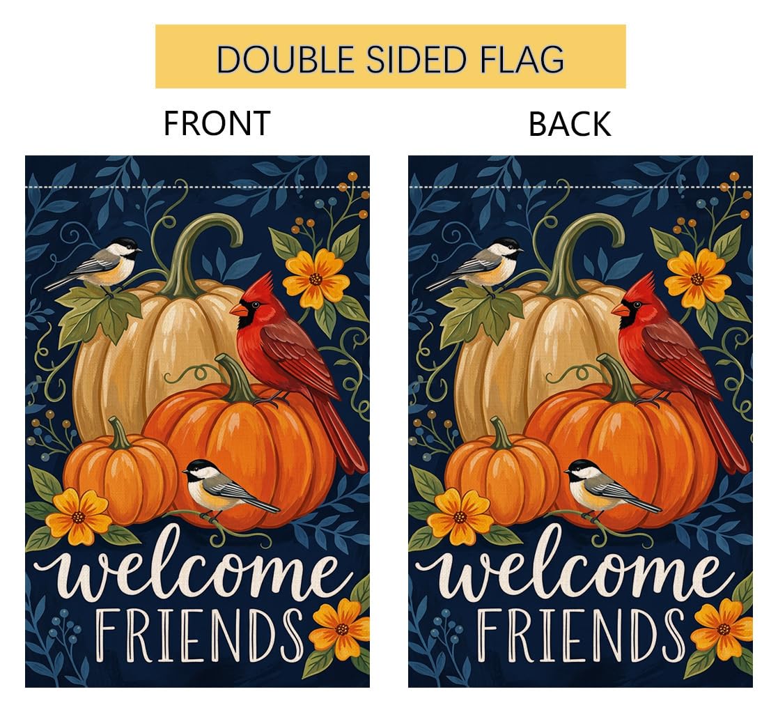 Fall Welcome Friends Pumpkins Garden Flag 12x18 Cardinal Birds Yard Decor
