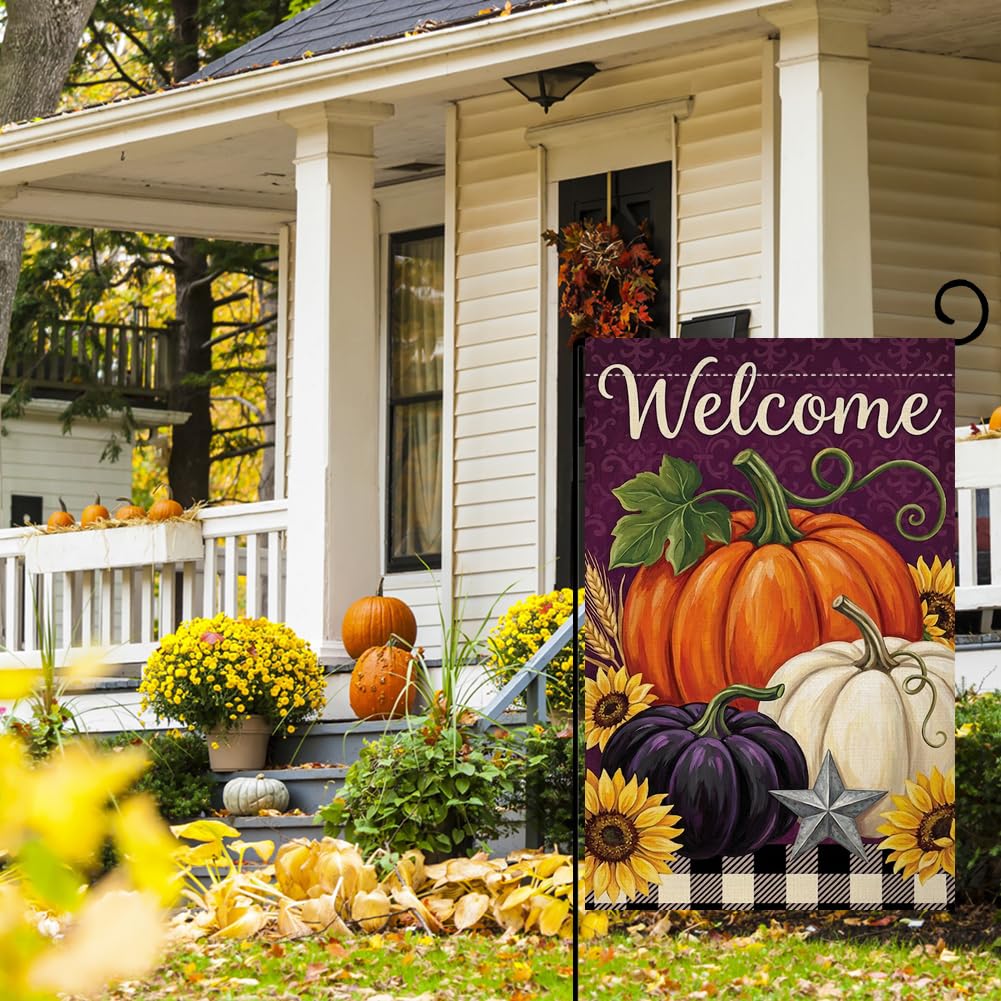 Fall Welcome Pumpkins Garden Flag 12x18 Sunflowers Buffalo Plaid Yard Decor