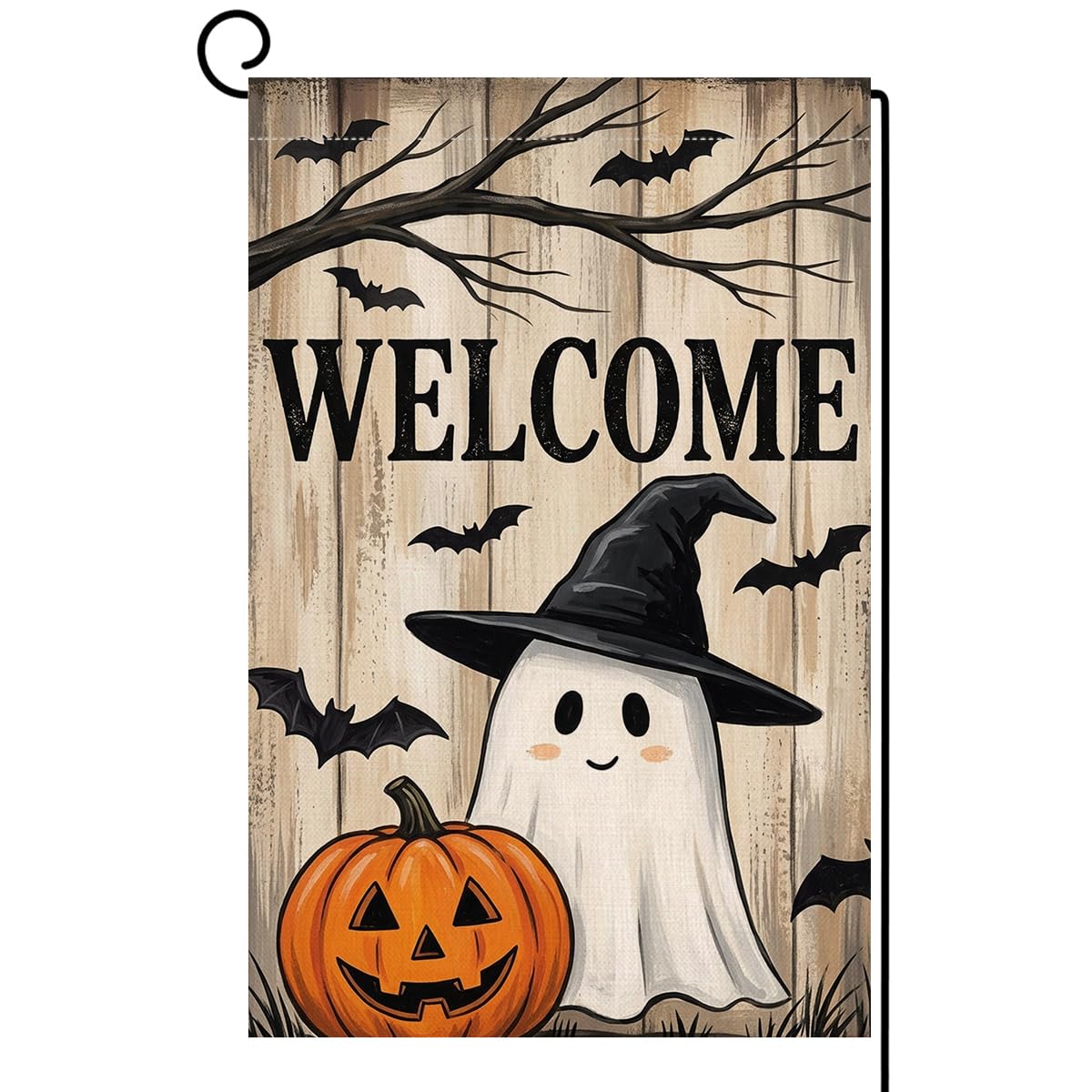 Fall Halloween Welcome Ghost Garden Flag 12x18 Witch Hat Bats Yard Decor